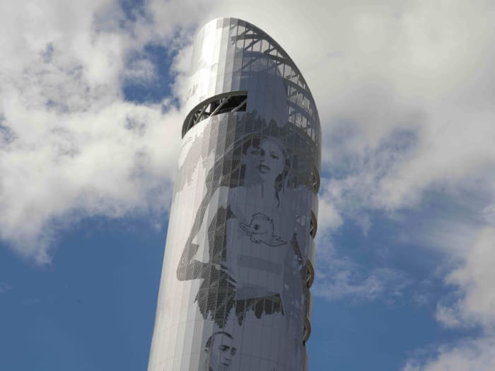 The Hayward Field Tower has five Oregon track icons on it, including Raevyn Rogers, who is competing at the world championships.